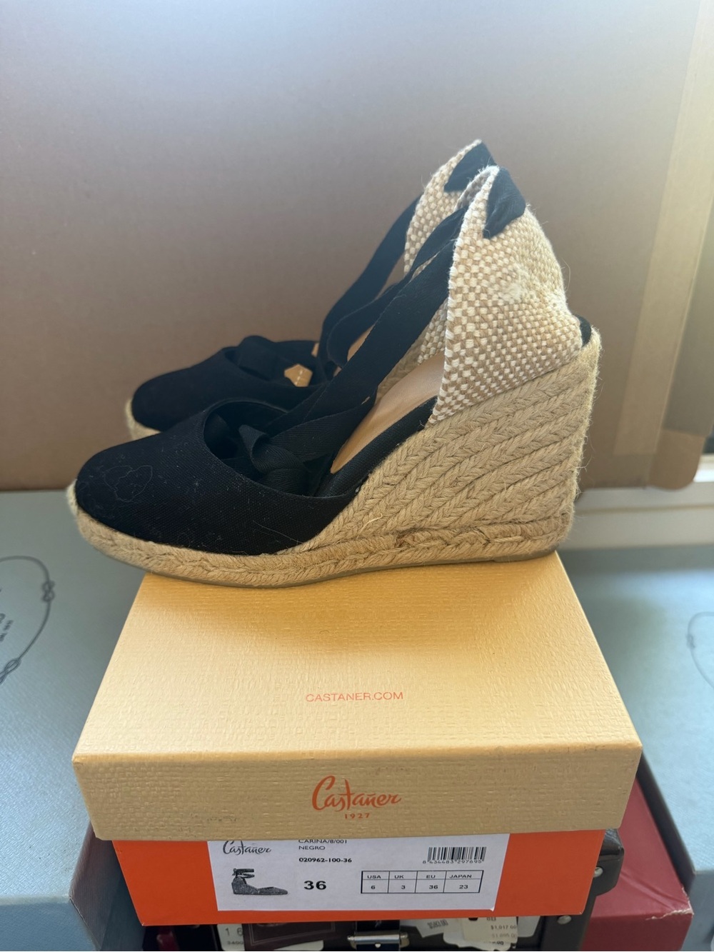 Castaner Black Espadrille Wedge Tie Sandals - Picture 3 of 5